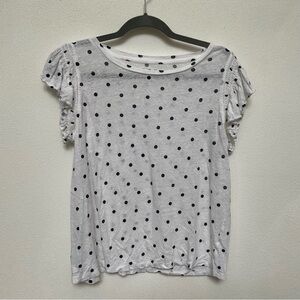 Loft Linen White With Blue Polka Dots Ruffle Cap Sleeves Top Size Large